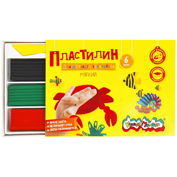 Пластилин мягкий (восковой) 6 цв. 90 гр.  "Каляка-Маляка" Для детского творчества, со стеком