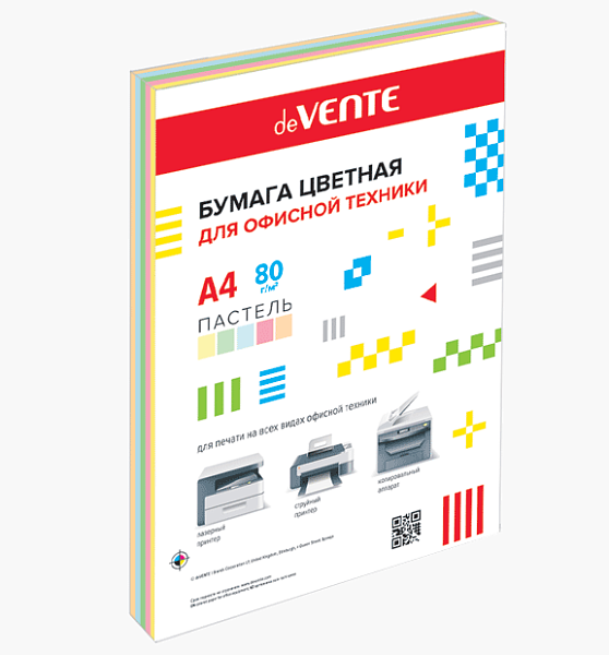 Бумага цветная для офисной техники "deVENTE" A4 250 л, 80 г/м², пастельные цвета, ассорти (5 цветов), картонная подложка, в термоусадочной пленке