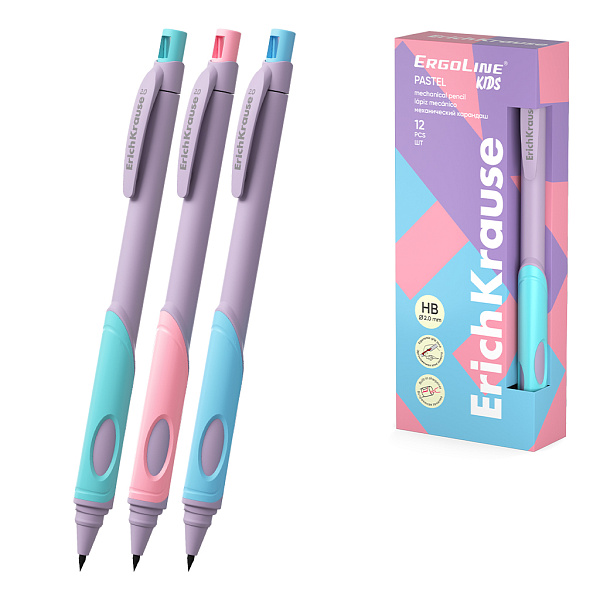 Карандаш механический 2,0 мм ErichKrause ErgoLine® Kids Pastel с точилкой, НВ (в коробке по 12 шт.)