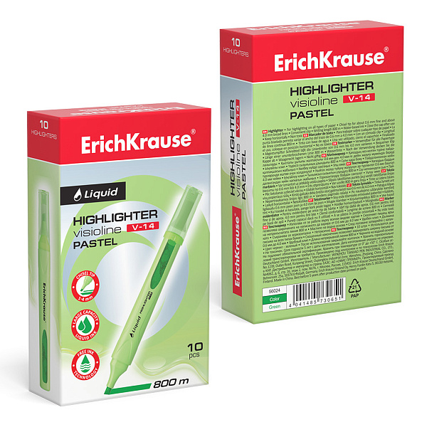 Текстмаркер с жидкими чернилами  ErichKrause® Liquid Visioline V-14 Pastel, цвет чернил зеленый (в коробке по 10 шт.)