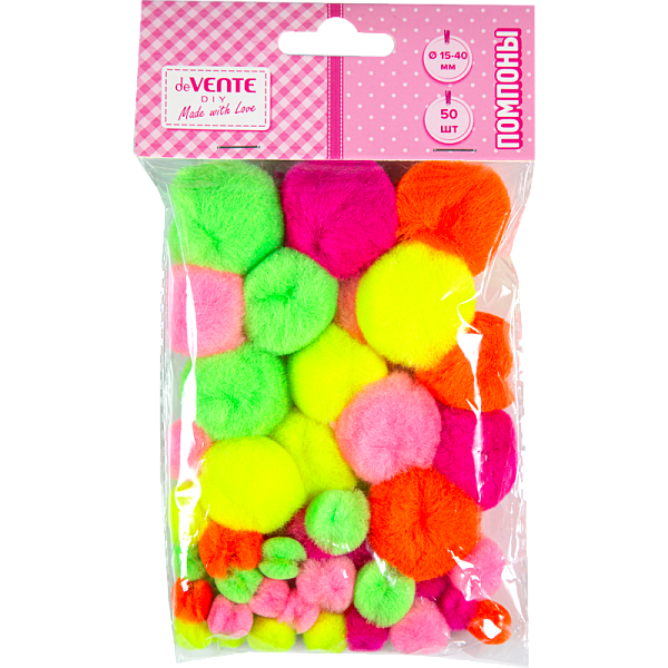 Набор помпонов для творчества "deVENTE. DIY" 50 шт, ассорти (15 мм - 20 шт, 20 мм - 15 шт, 35 мм - 10 шт, 40 мм - 5 шт) в пластиковом пакете с блистерным подвесом, неоновые цвета ассорти