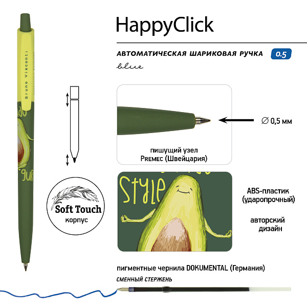 Ручка шариковая 0,5 мм "HappyClick. Avocado style. Yoga guru" СИНЯЯ 