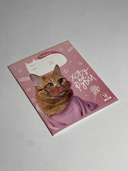 Тетрадь 18 листов в линию "Котики" обложка из мелованного картона(200 г/м²) блок офсет 60 г/м², 92%, микс 5 вид