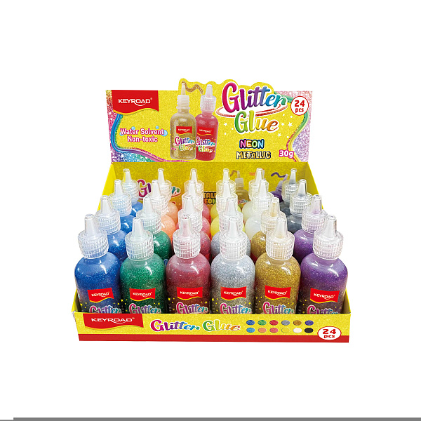 Клей с блестками ПВА KEYROAD, 30 г, 6 цветов ассорти, дисплей