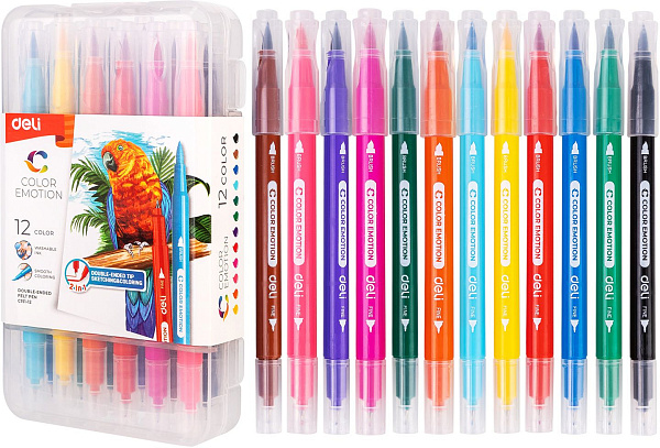 Фломастеры 12 цв. Deli Color Emotion двусторонние (кисть, игловидный) пластиковая коробка