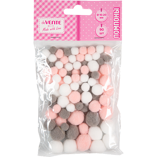 Набор помпонов для творчества "deVENTE. DIY" 90 шт, ассорти (10 мм - 54 шт, 15 мм - 24 шт, 20 мм - 12 шт) в пластиковом пакете с блистерным подвесом, оттенки розово-серого цвета