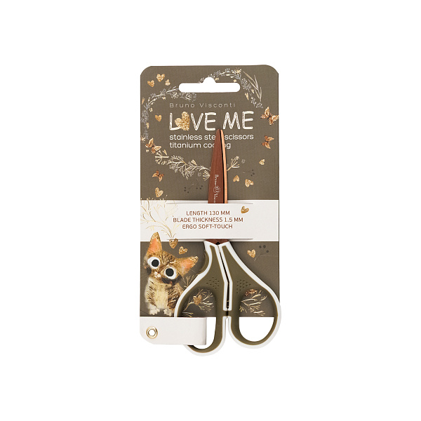 Ножницы 130 мм С ЗОЛОТЫМИ ЛЕЗВИЯМИ "Love me.Милый котик" (эргономичные ручки)
