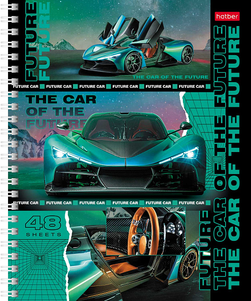 Тетрадь 48 л. кл. на гребне "В мире авто" 65г/кв.м металлизиров. картон, выб лак 4 диз.в блоке 