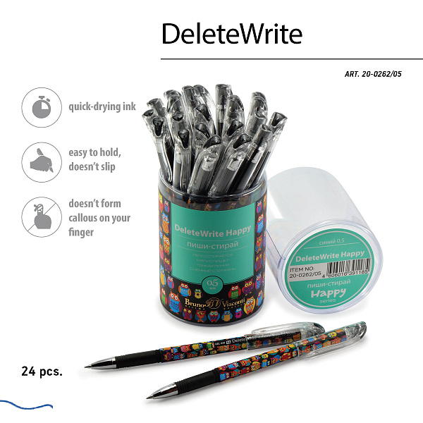 РУЧКА "DeleteWrite Happy. Сказочные совы" СО СТИРАЕМЫМИ ЧЕРНИЛАМИ  0.5 ММ, СИНЯЯ (10013160/250219/0024278,КИТАЙ)