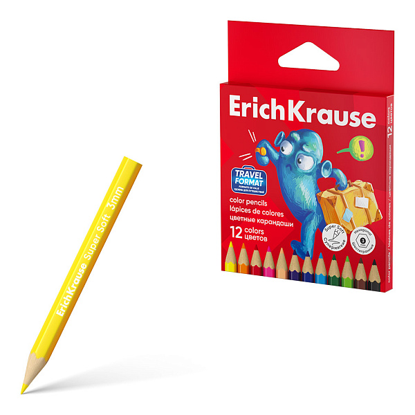 Карандаши 12 цв. ErichKrause Jolly Friends мини шестигранные, деревянные, грифель 3 мм, (в коробке с европодвесом 