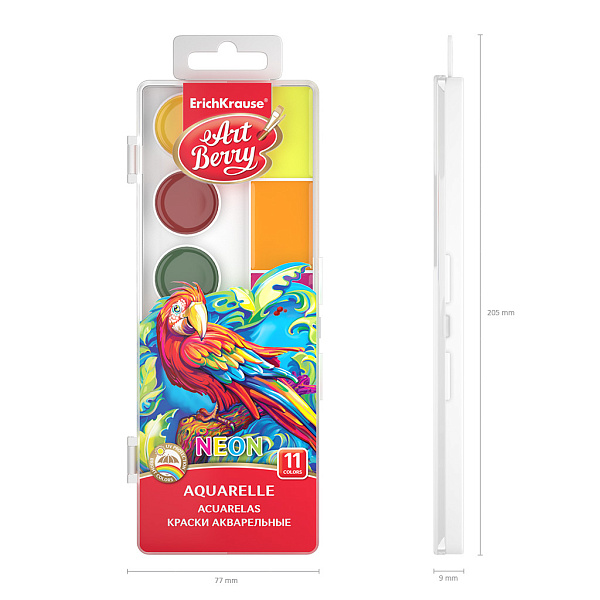 Акварель 11 цветов "ArtBerry Neon" без кисти, УФ защита яркости, увеличенные кюветы, пластиковый пенал с европодвесом
