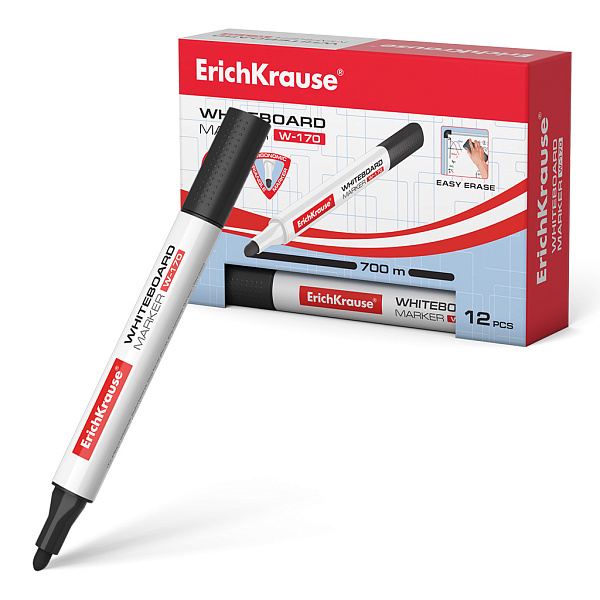 Маркер для доски ErichKrause® W-170, цвет чернил черный (в коробке по 12 шт.)