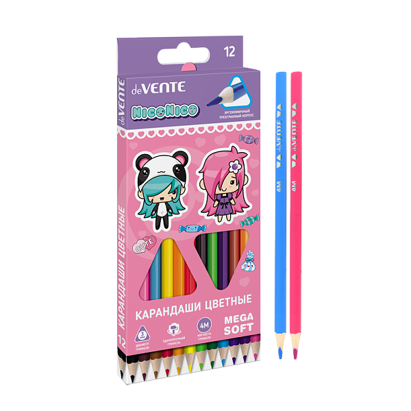 Карандаши 12 цв. "deVENTE. Trio Mega Soft. NicoNico:-)" 4М, диаметр грифеля 3 мм, трехгранные, в кар