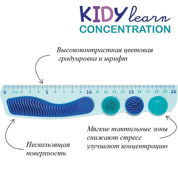 Линейка 20 см Maped KIDY LEARN CONCENTRATION прочная нескользящая с контрастной градуировкой, со стимулирующими концентрацию тактильными зонами, в упаковке с подвесом