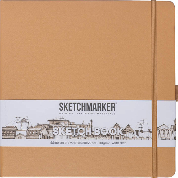 Скетчбук для зарисовок Sketchmarker, капучино, тв. обложка с резинкой, 140 г/м, 20x20 см, 80 л. бумага слоновая кость