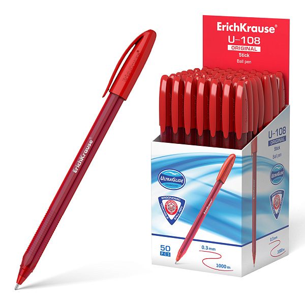 Ручка шариковая ErichKrause® U-108 Original Stick 1.0, Ultra Glide Technology, цвет чернил красный (в коробке по 50 шт.)