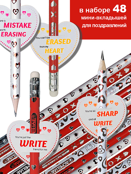 Карандаш ч/г HB ACMELIAE "СЕРДЦА" с бумажной открыткой, ластик, фольга (48)