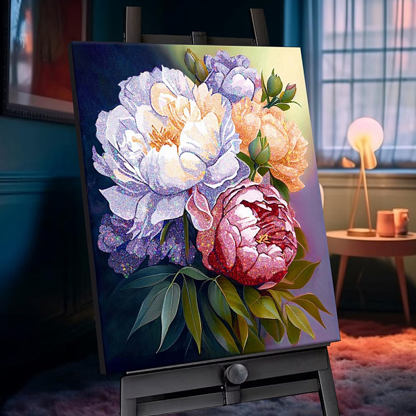 Картина по номерам 40*50 с кристаллами из хрусталя "ЦВЕТУЩИЕ ЯРКИЕ ПИОНЫ" (26 цветов)