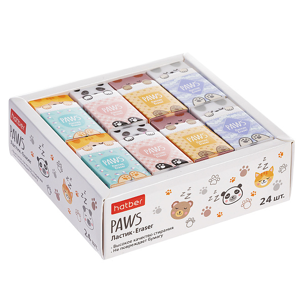 Ластик Hatber Paws/Лапки PVC  24шт в картонной Дисплей-витрине