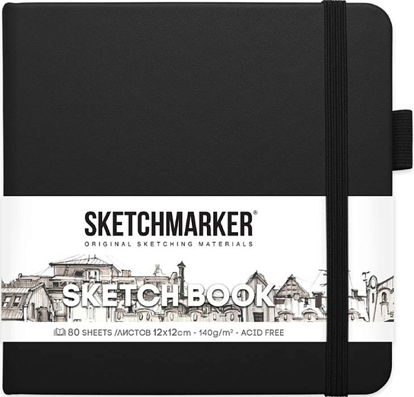 Скетчбук для зарисовок Sketchmarker, черный, тв. обложка с резинкой, 140 г/м, 12x12 см, 80 л. бумага слоновая кость