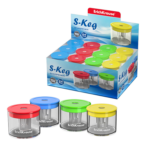 Точилка 1 отв. ErichKrause S-Keg пластик, с контейнером, цвет корпуса ассорти 