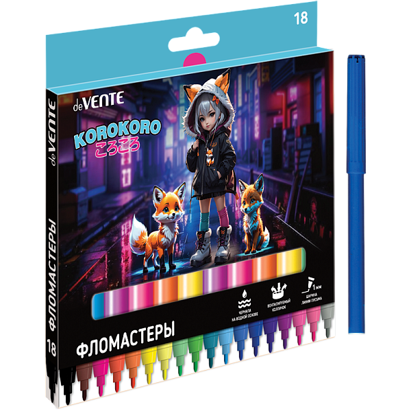 Фломастеры 18 цв. "deVENTE. Korokoro" с вентилируемым колпачком, в картонной коробке с подвесом