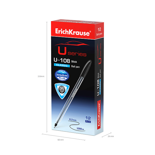 Ручка шариковая ErichKrause® U-108 Classic Stick 1.0, Ultra Glide Technology, цвет чернил черный (в коробке по 12 шт.)