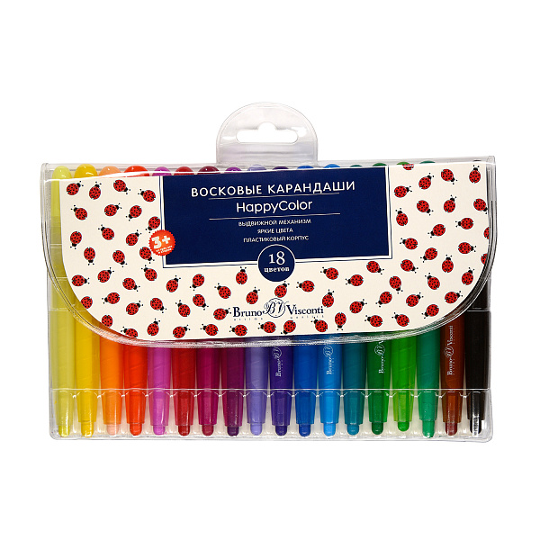 Мелки восковые 18 цв. "HAPPYCOLOR", В ПЛАСТИКОВОМ КОРПУСЕ ВЫКРУЧИВАЮЩИЕСЯ 4 ВИДА 