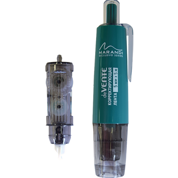 Корректирующая лента автоматическая "deVENTE. Marandi" 5 ммx5 м, полупрозрачный с бирюзовым корпус, фронтальный аппликатор, в комптекте с сменным картриджем 5 ммx5 м, в картонном блистере