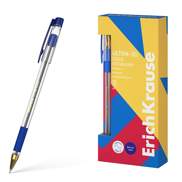 Ручка шариковая ErichKrause ULTRA-30 Gold Stick&Grip Classic Super Glide Technology, СИНЯЯ, 0,7 мм 