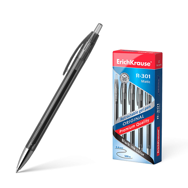 Ручка гелевая автомат. 0,5 мм ErichKrause R-301 Original Gel Matic ЧЕРНАЯ, 