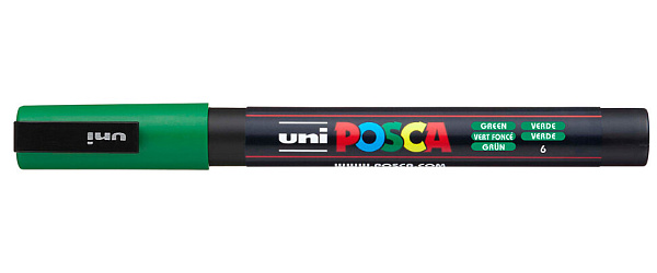 Маркер акрил. POSCA PC-3M зелёный, 0.9 - 1.3 мм,пулевидный наконечник(номерцвета 6)