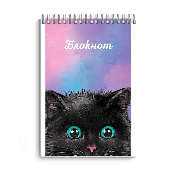 Блокнот А7 40 л. кл. на гребне "ЧЁРНЫЙ КОТ" /Блок - белый офсет 60 г/м², УФ-лак выборочный с глиттером,