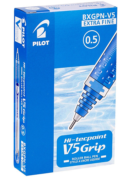 Роллер 0,5 мм Hi-Tecpoint V-5. СИНИЙ, с грипом, игольчатый пишущий узел, одноразовый, непрерывная линия более 2000 м