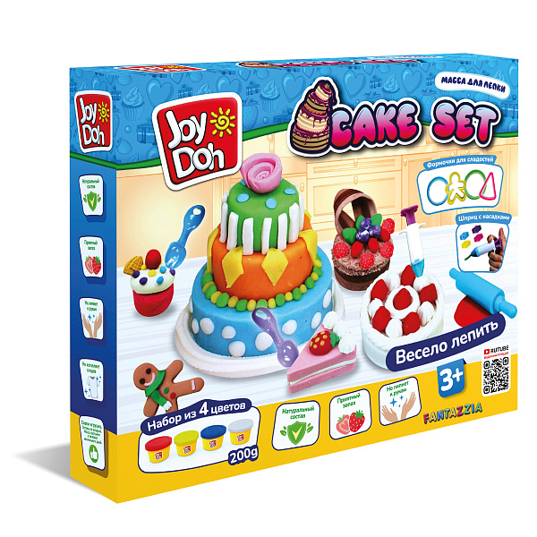 Масса для лепки Joy Doh, набор CAKE SET - ТОРТИКИ,  4 баночки с тестом  (4 х 50г.), формочки для пирожных и тортов, 14 аксессуаров, 1/12