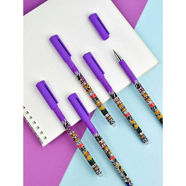 Ручка со стираемыми чернилами "ТЕГИ" (ПВХ тубус, 7x152 мм, цвет корпуса: фиолетовый, черный, материал корпуса: АБС-пластика с добавлением САН-пластика, покрытие кор