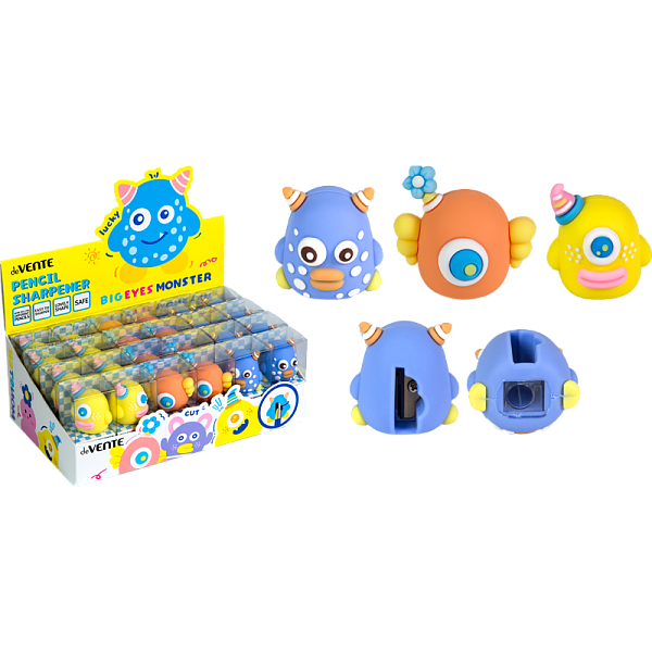 Точилка 1 отв. deVENTE. Big Eyes Monster, 30x37x28 мм, пластиковая с покрытием Soft Touch,ассорти 3 дизайна