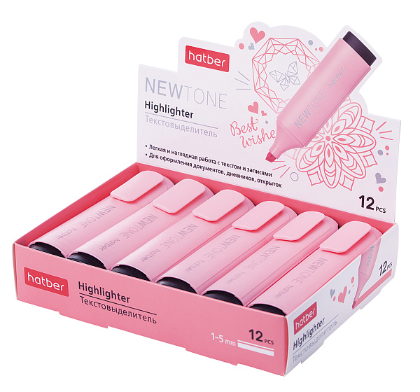 Маркер-текстовыделитель Hatber NEWtone PASTEL клиновидный пишущий узел Розовый 12шт. в картонной Дисплей-витрине