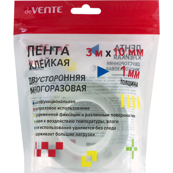 Клейкая лента двусторонняя 10 мм * 3 м "deVENTE. REPAIR & CRAFT" многоразовая, прозрачная, толщиной 1 мм, в зип пакете 11x11 см с европодвесом