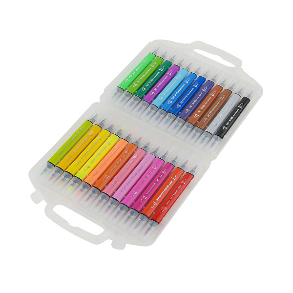 Фломастеры  кистевидные ДВУСТОРОННИЕ "BRIGHT COLORS" 24 ЦВ.  В ПЛАСТИКОВОМ ПЕНАЛЕ