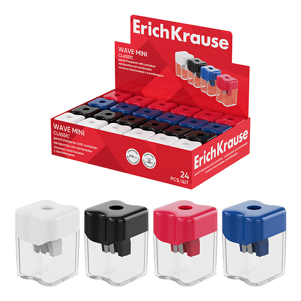 Точилка 1 отв. ErichKrause Wave Mini, Classic, пластиковая, с контейнером, ассорти (в коробке-диспл.