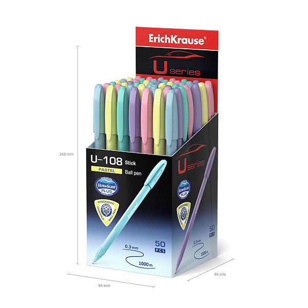 Ручка шариковая ErichKrause U-108 Stick Pastel 0.7, Ultra Glide Technology, СИНЯЯ