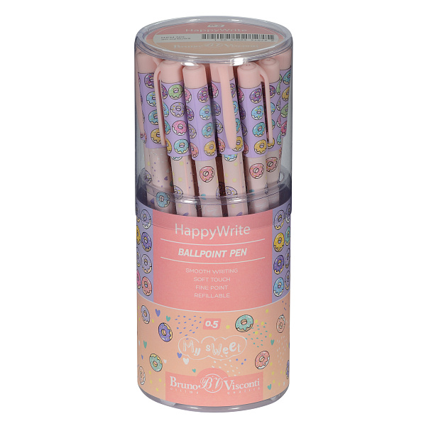 Ручка шариковая 0,5 мм "HappyWrite. My Sweet. Пончики" СИНЯЯ 