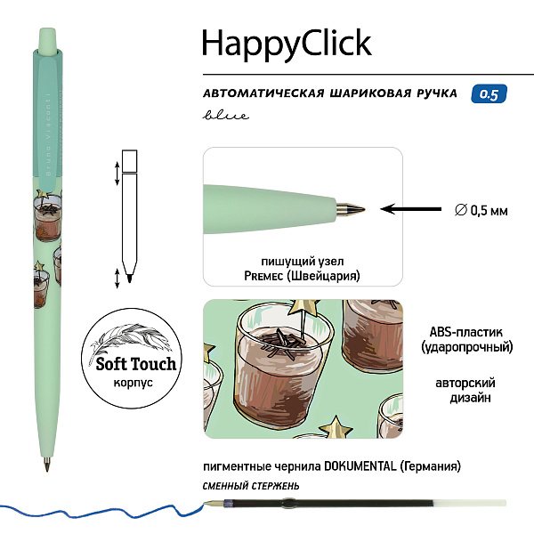 Ручка шарик. 0,5 мм "HappyClick. Кофемания. Шоколадный коктейль" СИНЯЯ 