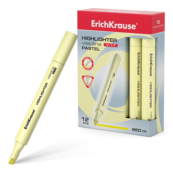 Маркер-текстовыделитель ErichKrause® Visioline V-17 Pastel, желтый (в коробке по 12 шт.)