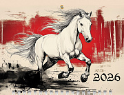 Календарь 2026 3-х блоч. на 1 гребне МИНИ-1 "Год Лошади" 195х440мм бум. Офсет. цветной блок с бегунком цветная подложка  в индив.упак.