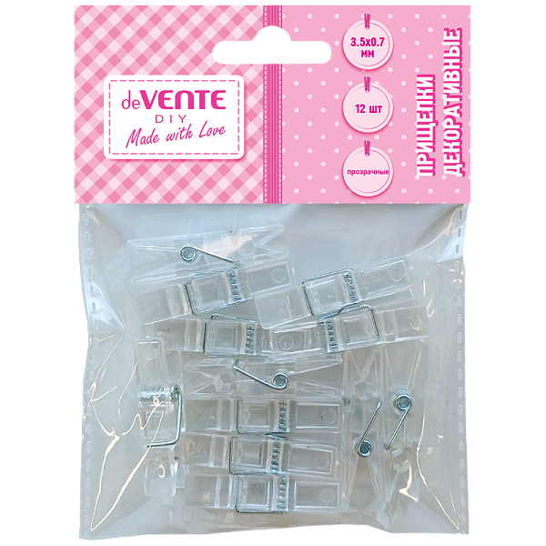 Прищепки декоративные "deVENTE. DIY Transparent" пластиковые, 35x7 мм, 12 шт, прозрачные, в пластиковом пакете с блистерным подвесом
