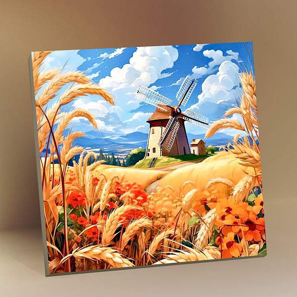 Картина по номерам 30*30 с Поталью МЕЛЬНИЦА В ПШЕНИЧНОМ ПОЛЕ (27 цветов)