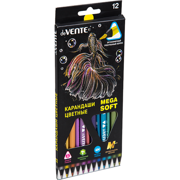 Карандаши 12 цв. "deVENTE. Triolino Ultra 4М. Metallic" 4М, д/рис. на черной бумаге, 3М, D грифеля 3 мм, трёхгранный корпус тонированный в черный цвет, покраска корпуса в цвет грифеля, в картонной коробке