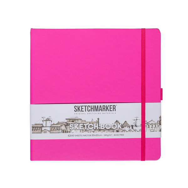Блокнот для зарисовок Sketchmarker 140г/кв.м 20*20cм 80л твердая обложка Неоновая фуксия